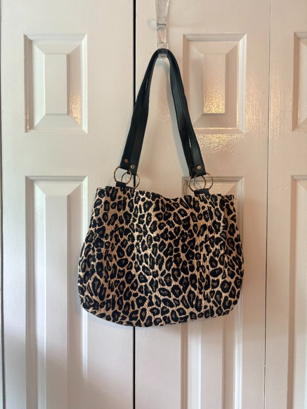 Leopard Print Canvas Shoulder Tote Bag with Faux Leather Straps | Animal Print P